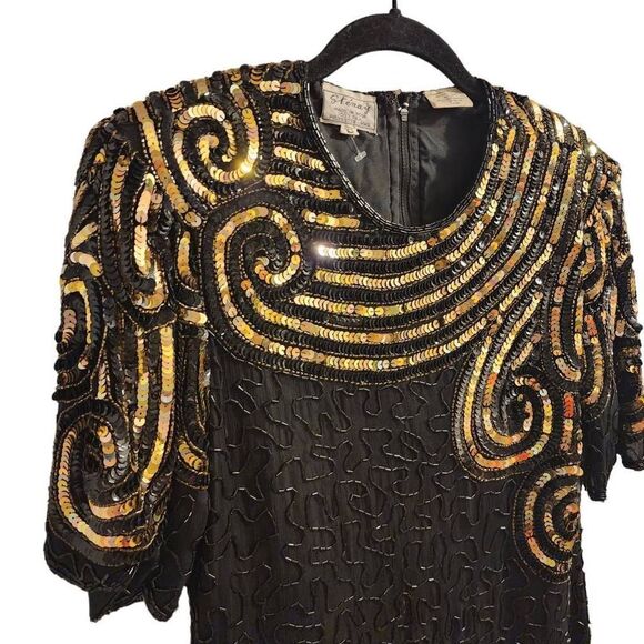 Stenay Vintage Silk Beaded Black Gold Top Size Small - Picture 3 of 13